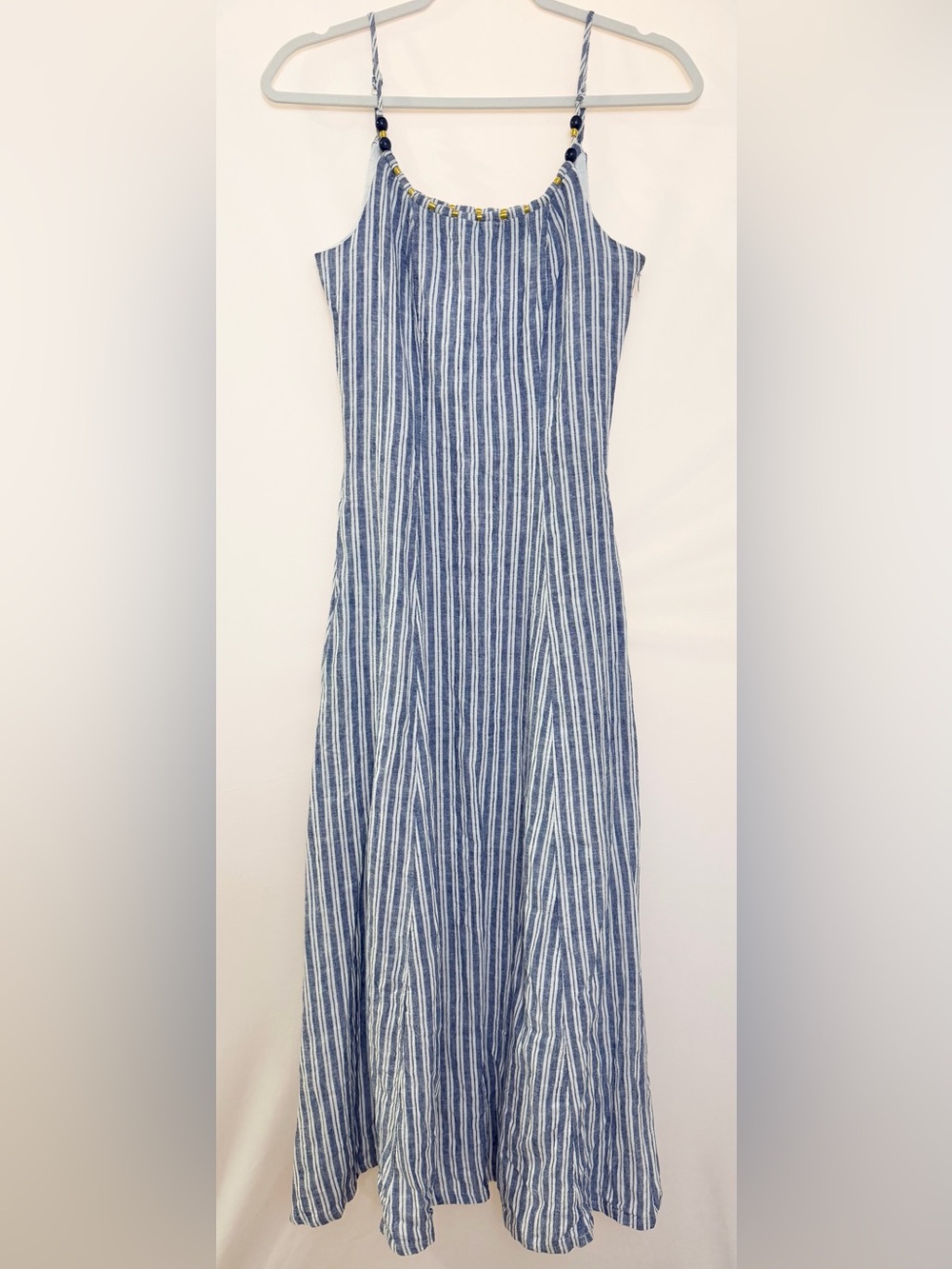 Calypso St. Barth Navy and White Striped Top with Gold Bead Trim